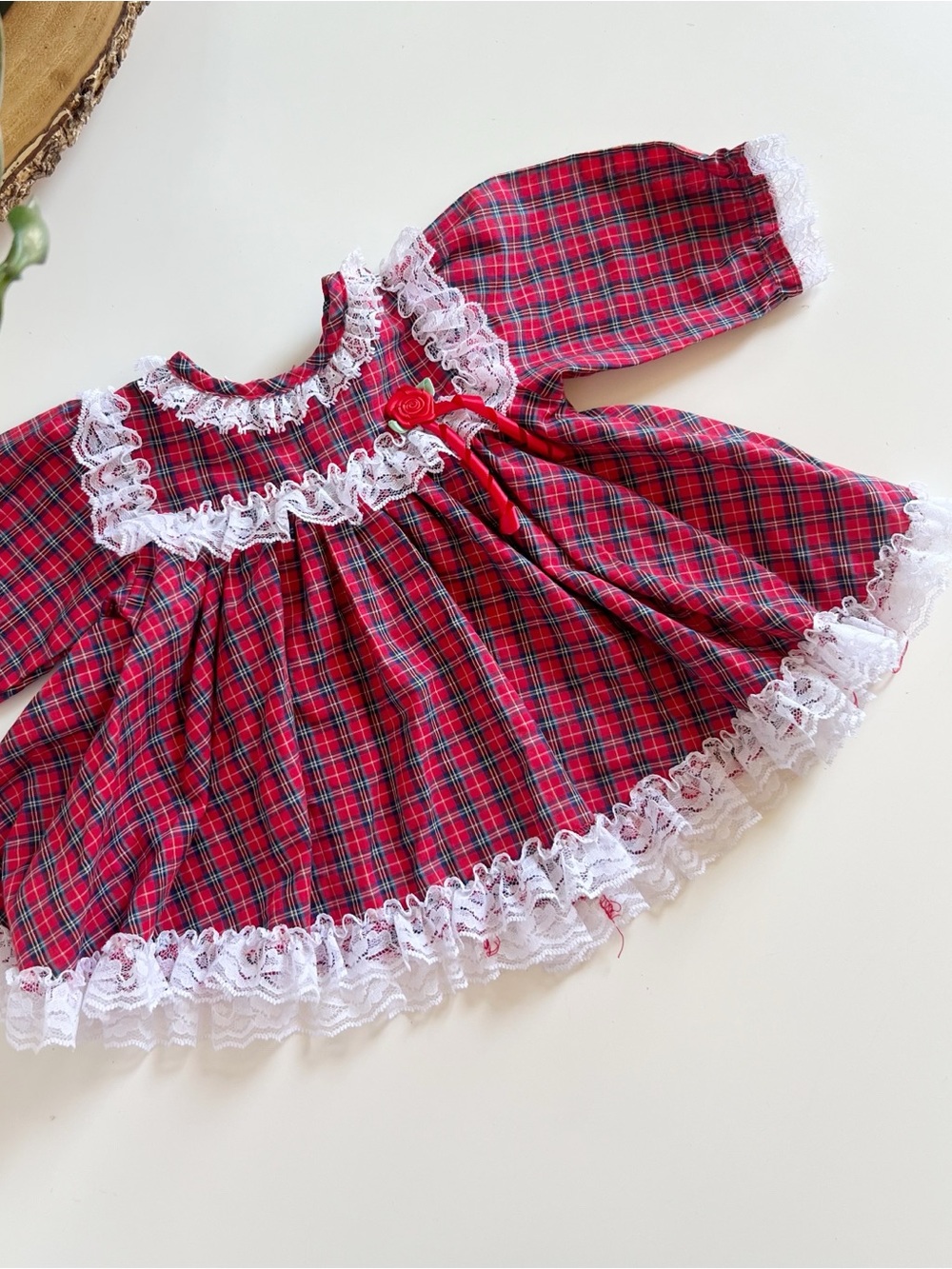 Vintage Alexis Frilly Plaid Lace Trim Dress | 0-3m